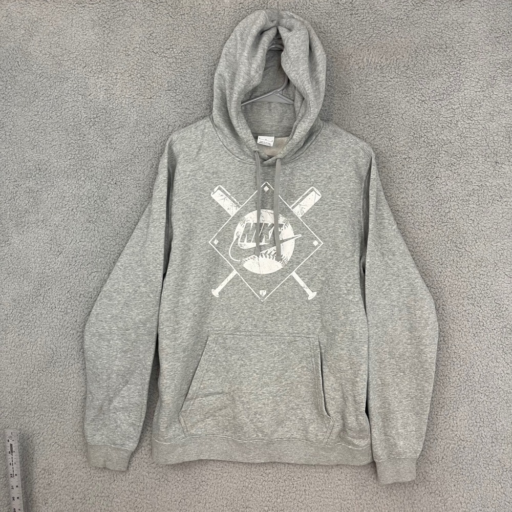 Nike Hoodie Mens Size Medium Gray Baseball Graphic Pullover Fleece Sweatshirt